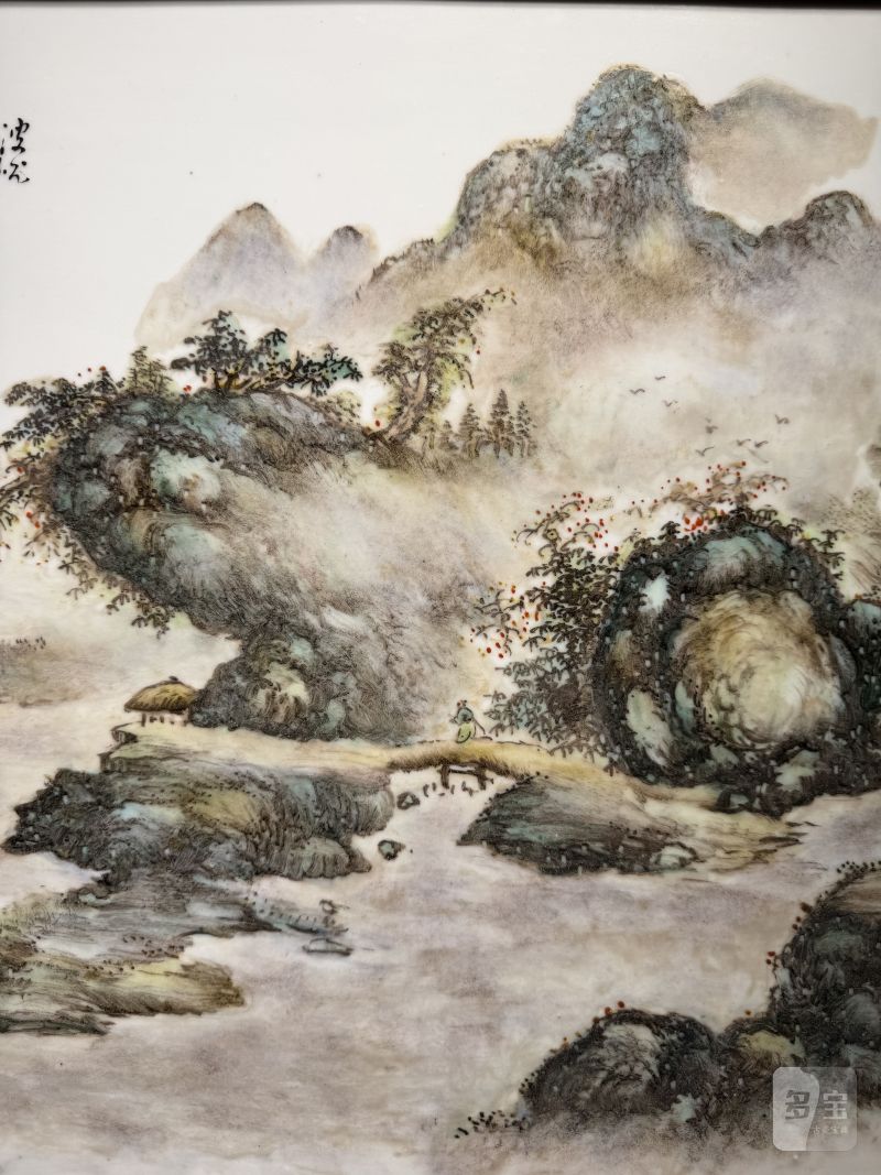 民国 “汪野亭”绘浅绛彩苏轼山水诗意图挂屏 - 图9